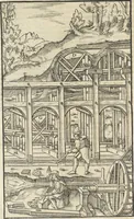 An illustration from Georgii Agricolae De re metallica : libri XII. Quibus officia, instrumenta, machinae, ac omnia deni[que] ad metallicam spectantia, non modo luculentissimè describuntur, sed & per effigies, suis locis infertas, adiunctis latinis, germanicis [que] appellationibus ita ob oculos ponuntur, ut clarius tradi non possint. ; Eiusdem De animantibus subterraneis liber, (1556)