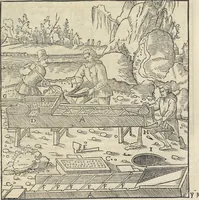 An illustration from Georgii Agricolae De re metallica : libri XII. Quibus officia, instrumenta, machinae, ac omnia deni[que] ad metallicam spectantia, non modo luculentissimè describuntur, sed & per effigies, suis locis infertas, adiunctis latinis, germanicis [que] appellationibus ita ob oculos ponuntur, ut clarius tradi non possint. ; Eiusdem De animantibus subterraneis liber, (1556)