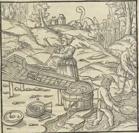 An illustration from Georgii Agricolae De re metallica : libri XII. Quibus officia, instrumenta, machinae, ac omnia deni[que] ad metallicam spectantia, non modo luculentissimè describuntur, sed & per effigies, suis locis infertas, adiunctis latinis, germanicis [que] appellationibus ita ob oculos ponuntur, ut clarius tradi non possint. ; Eiusdem De animantibus subterraneis liber, (1556)
