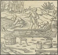 An illustration from Georgii Agricolae De re metallica : libri XII. Quibus officia, instrumenta, machinae, ac omnia deni[que] ad metallicam spectantia, non modo luculentissimè describuntur, sed & per effigies, suis locis infertas, adiunctis latinis, germanicis [que] appellationibus ita ob oculos ponuntur, ut clarius tradi non possint. ; Eiusdem De animantibus subterraneis liber, (1556)