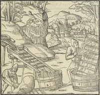 An illustration from Georgii Agricolae De re metallica : libri XII. Quibus officia, instrumenta, machinae, ac omnia deni[que] ad metallicam spectantia, non modo luculentissimè describuntur, sed & per effigies, suis locis infertas, adiunctis latinis, germanicis [que] appellationibus ita ob oculos ponuntur, ut clarius tradi non possint. ; Eiusdem De animantibus subterraneis liber, (1556)