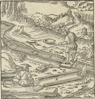 An illustration from Georgii Agricolae De re metallica : libri XII. Quibus officia, instrumenta, machinae, ac omnia deni[que] ad metallicam spectantia, non modo luculentissimè describuntur, sed & per effigies, suis locis infertas, adiunctis latinis, germanicis [que] appellationibus ita ob oculos ponuntur, ut clarius tradi non possint. ; Eiusdem De animantibus subterraneis liber, (1556)