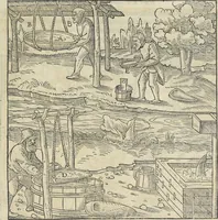 An illustration from Georgii Agricolae De re metallica : libri XII. Quibus officia, instrumenta, machinae, ac omnia deni[que] ad metallicam spectantia, non modo luculentissimè describuntur, sed & per effigies, suis locis infertas, adiunctis latinis, germanicis [que] appellationibus ita ob oculos ponuntur, ut clarius tradi non possint. ; Eiusdem De animantibus subterraneis liber, (1556)