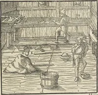 An illustration from Georgii Agricolae De re metallica : libri XII. Quibus officia, instrumenta, machinae, ac omnia deni[que] ad metallicam spectantia, non modo luculentissimè describuntur, sed & per effigies, suis locis infertas, adiunctis latinis, germanicis [que] appellationibus ita ob oculos ponuntur, ut clarius tradi non possint. ; Eiusdem De animantibus subterraneis liber, (1556)