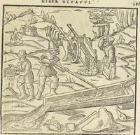 An illustration from Georgii Agricolae De re metallica : libri XII. Quibus officia, instrumenta, machinae, ac omnia deni[que] ad metallicam spectantia, non modo luculentissimè describuntur, sed & per effigies, suis locis infertas, adiunctis latinis, germanicis [que] appellationibus ita ob oculos ponuntur, ut clarius tradi non possint. ; Eiusdem De animantibus subterraneis liber, (1556)