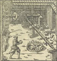 An illustration from Georgii Agricolae De re metallica : libri XII. Quibus officia, instrumenta, machinae, ac omnia deni[que] ad metallicam spectantia, non modo luculentissimè describuntur, sed & per effigies, suis locis infertas, adiunctis latinis, germanicis [que] appellationibus ita ob oculos ponuntur, ut clarius tradi non possint. ; Eiusdem De animantibus subterraneis liber, (1556)