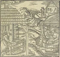 An illustration from Georgii Agricolae De re metallica : libri XII. Quibus officia, instrumenta, machinae, ac omnia deni[que] ad metallicam spectantia, non modo luculentissimè describuntur, sed & per effigies, suis locis infertas, adiunctis latinis, germanicis [que] appellationibus ita ob oculos ponuntur, ut clarius tradi non possint. ; Eiusdem De animantibus subterraneis liber, (1556)