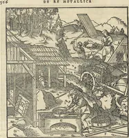 An illustration from Georgii Agricolae De re metallica : libri XII. Quibus officia, instrumenta, machinae, ac omnia deni[que] ad metallicam spectantia, non modo luculentissimè describuntur, sed & per effigies, suis locis infertas, adiunctis latinis, germanicis [que] appellationibus ita ob oculos ponuntur, ut clarius tradi non possint. ; Eiusdem De animantibus subterraneis liber, (1556)