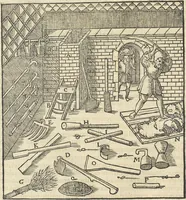 An illustration from Georgii Agricolae De re metallica : libri XII. Quibus officia, instrumenta, machinae, ac omnia deni[que] ad metallicam spectantia, non modo luculentissimè describuntur, sed & per effigies, suis locis infertas, adiunctis latinis, germanicis [que] appellationibus ita ob oculos ponuntur, ut clarius tradi non possint. ; Eiusdem De animantibus subterraneis liber, (1556)