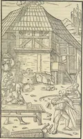 An illustration from Georgii Agricolae De re metallica : libri XII. Quibus officia, instrumenta, machinae, ac omnia deni[que] ad metallicam spectantia, non modo luculentissimè describuntur, sed & per effigies, suis locis infertas, adiunctis latinis, germanicis [que] appellationibus ita ob oculos ponuntur, ut clarius tradi non possint. ; Eiusdem De animantibus subterraneis liber, (1556)