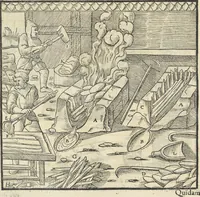 An illustration from Georgii Agricolae De re metallica : libri XII. Quibus officia, instrumenta, machinae, ac omnia deni[que] ad metallicam spectantia, non modo luculentissimè describuntur, sed & per effigies, suis locis infertas, adiunctis latinis, germanicis [que] appellationibus ita ob oculos ponuntur, ut clarius tradi non possint. ; Eiusdem De animantibus subterraneis liber, (1556)