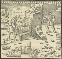 An illustration from Georgii Agricolae De re metallica : libri XII. Quibus officia, instrumenta, machinae, ac omnia deni[que] ad metallicam spectantia, non modo luculentissimè describuntur, sed & per effigies, suis locis infertas, adiunctis latinis, germanicis [que] appellationibus ita ob oculos ponuntur, ut clarius tradi non possint. ; Eiusdem De animantibus subterraneis liber, (1556)