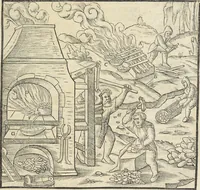 An illustration from Georgii Agricolae De re metallica : libri XII. Quibus officia, instrumenta, machinae, ac omnia deni[que] ad metallicam spectantia, non modo luculentissimè describuntur, sed & per effigies, suis locis infertas, adiunctis latinis, germanicis [que] appellationibus ita ob oculos ponuntur, ut clarius tradi non possint. ; Eiusdem De animantibus subterraneis liber, (1556)