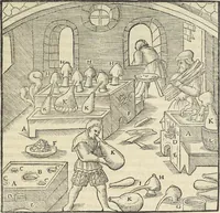An illustration from Georgii Agricolae De re metallica : libri XII. Quibus officia, instrumenta, machinae, ac omnia deni[que] ad metallicam spectantia, non modo luculentissimè describuntur, sed & per effigies, suis locis infertas, adiunctis latinis, germanicis [que] appellationibus ita ob oculos ponuntur, ut clarius tradi non possint. ; Eiusdem De animantibus subterraneis liber, (1556)