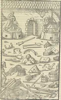 An illustration from Georgii Agricolae De re metallica : libri XII. Quibus officia, instrumenta, machinae, ac omnia deni[que] ad metallicam spectantia, non modo luculentissimè describuntur, sed & per effigies, suis locis infertas, adiunctis latinis, germanicis [que] appellationibus ita ob oculos ponuntur, ut clarius tradi non possint. ; Eiusdem De animantibus subterraneis liber, (1556)