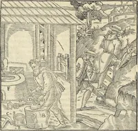 Picture 229 of 283 from Georgii Agricolae De re metallica : libri XII. Quibus officia, instrumenta, machinae, ac omnia deni[que] ad metallicam spectantia, non modo luculentissimè describuntur, sed & per effigies, suis locis infertas, adiunctis latinis, germanicis [que] appellationibus ita ob oculos ponuntur, ut clarius tradi non possint. ; Eiusdem De animantibus subterraneis liber, (1556), leaf 393
