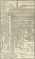 An illustration from Georgii Agricolae De re metallica : libri XII. Quibus officia, instrumenta, machinae, ac omnia deni[que] ad metallicam spectantia, non modo luculentissimè describuntur, sed & per effigies, suis locis infertas, adiunctis latinis, germanicis [que] appellationibus ita ob oculos ponuntur, ut clarius tradi non possint. ; Eiusdem De animantibus subterraneis liber, (1556)