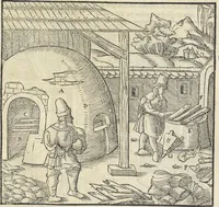 An illustration from Georgii Agricolae De re metallica : libri XII. Quibus officia, instrumenta, machinae, ac omnia deni[que] ad metallicam spectantia, non modo luculentissimè describuntur, sed & per effigies, suis locis infertas, adiunctis latinis, germanicis [que] appellationibus ita ob oculos ponuntur, ut clarius tradi non possint. ; Eiusdem De animantibus subterraneis liber, (1556)