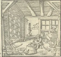 An illustration from Georgii Agricolae De re metallica : libri XII. Quibus officia, instrumenta, machinae, ac omnia deni[que] ad metallicam spectantia, non modo luculentissimè describuntur, sed & per effigies, suis locis infertas, adiunctis latinis, germanicis [que] appellationibus ita ob oculos ponuntur, ut clarius tradi non possint. ; Eiusdem De animantibus subterraneis liber, (1556)