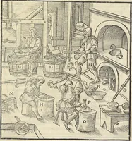 An illustration from Georgii Agricolae De re metallica : libri XII. Quibus officia, instrumenta, machinae, ac omnia deni[que] ad metallicam spectantia, non modo luculentissimè describuntur, sed & per effigies, suis locis infertas, adiunctis latinis, germanicis [que] appellationibus ita ob oculos ponuntur, ut clarius tradi non possint. ; Eiusdem De animantibus subterraneis liber, (1556)