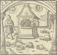 An illustration from Georgii Agricolae De re metallica : libri XII. Quibus officia, instrumenta, machinae, ac omnia deni[que] ad metallicam spectantia, non modo luculentissimè describuntur, sed & per effigies, suis locis infertas, adiunctis latinis, germanicis [que] appellationibus ita ob oculos ponuntur, ut clarius tradi non possint. ; Eiusdem De animantibus subterraneis liber, (1556)