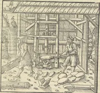 An illustration from Georgii Agricolae De re metallica : libri XII. Quibus officia, instrumenta, machinae, ac omnia deni[que] ad metallicam spectantia, non modo luculentissimè describuntur, sed & per effigies, suis locis infertas, adiunctis latinis, germanicis [que] appellationibus ita ob oculos ponuntur, ut clarius tradi non possint. ; Eiusdem De animantibus subterraneis liber, (1556)