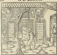An illustration from Georgii Agricolae De re metallica : libri XII. Quibus officia, instrumenta, machinae, ac omnia deni[que] ad metallicam spectantia, non modo luculentissimè describuntur, sed & per effigies, suis locis infertas, adiunctis latinis, germanicis [que] appellationibus ita ob oculos ponuntur, ut clarius tradi non possint. ; Eiusdem De animantibus subterraneis liber, (1556)