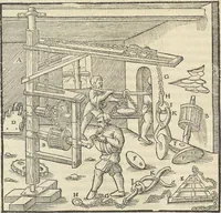 An illustration from Georgii Agricolae De re metallica : libri XII. Quibus officia, instrumenta, machinae, ac omnia deni[que] ad metallicam spectantia, non modo luculentissimè describuntur, sed & per effigies, suis locis infertas, adiunctis latinis, germanicis [que] appellationibus ita ob oculos ponuntur, ut clarius tradi non possint. ; Eiusdem De animantibus subterraneis liber, (1556)