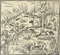 An illustration from Georgii Agricolae De re metallica : libri XII. Quibus officia, instrumenta, machinae, ac omnia deni[que] ad metallicam spectantia, non modo luculentissimè describuntur, sed & per effigies, suis locis infertas, adiunctis latinis, germanicis [que] appellationibus ita ob oculos ponuntur, ut clarius tradi non possint. ; Eiusdem De animantibus subterraneis liber, (1556)