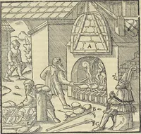 An illustration from Georgii Agricolae De re metallica : libri XII. Quibus officia, instrumenta, machinae, ac omnia deni[que] ad metallicam spectantia, non modo luculentissimè describuntur, sed & per effigies, suis locis infertas, adiunctis latinis, germanicis [que] appellationibus ita ob oculos ponuntur, ut clarius tradi non possint. ; Eiusdem De animantibus subterraneis liber, (1556)