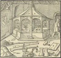 An illustration from Georgii Agricolae De re metallica : libri XII. Quibus officia, instrumenta, machinae, ac omnia deni[que] ad metallicam spectantia, non modo luculentissimè describuntur, sed & per effigies, suis locis infertas, adiunctis latinis, germanicis [que] appellationibus ita ob oculos ponuntur, ut clarius tradi non possint. ; Eiusdem De animantibus subterraneis liber, (1556)