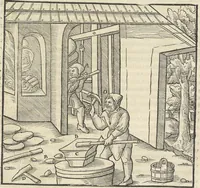 An illustration from Georgii Agricolae De re metallica : libri XII. Quibus officia, instrumenta, machinae, ac omnia deni[que] ad metallicam spectantia, non modo luculentissimè describuntur, sed & per effigies, suis locis infertas, adiunctis latinis, germanicis [que] appellationibus ita ob oculos ponuntur, ut clarius tradi non possint. ; Eiusdem De animantibus subterraneis liber, (1556)