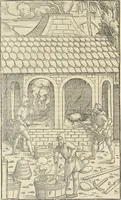 An illustration from Georgii Agricolae De re metallica : libri XII. Quibus officia, instrumenta, machinae, ac omnia deni[que] ad metallicam spectantia, non modo luculentissimè describuntur, sed & per effigies, suis locis infertas, adiunctis latinis, germanicis [que] appellationibus ita ob oculos ponuntur, ut clarius tradi non possint. ; Eiusdem De animantibus subterraneis liber, (1556)