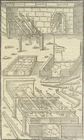 An illustration from Georgii Agricolae De re metallica : libri XII. Quibus officia, instrumenta, machinae, ac omnia deni[que] ad metallicam spectantia, non modo luculentissimè describuntur, sed & per effigies, suis locis infertas, adiunctis latinis, germanicis [que] appellationibus ita ob oculos ponuntur, ut clarius tradi non possint. ; Eiusdem De animantibus subterraneis liber, (1556)