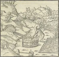 An illustration from Georgii Agricolae De re metallica : libri XII. Quibus officia, instrumenta, machinae, ac omnia deni[que] ad metallicam spectantia, non modo luculentissimè describuntur, sed & per effigies, suis locis infertas, adiunctis latinis, germanicis [que] appellationibus ita ob oculos ponuntur, ut clarius tradi non possint. ; Eiusdem De animantibus subterraneis liber, (1556)
