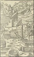 An illustration from Georgii Agricolae De re metallica : libri XII. Quibus officia, instrumenta, machinae, ac omnia deni[que] ad metallicam spectantia, non modo luculentissimè describuntur, sed & per effigies, suis locis infertas, adiunctis latinis, germanicis [que] appellationibus ita ob oculos ponuntur, ut clarius tradi non possint. ; Eiusdem De animantibus subterraneis liber, (1556)