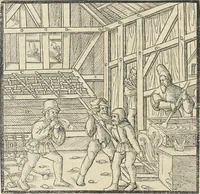 An illustration from Georgii Agricolae De re metallica : libri XII. Quibus officia, instrumenta, machinae, ac omnia deni[que] ad metallicam spectantia, non modo luculentissimè describuntur, sed & per effigies, suis locis infertas, adiunctis latinis, germanicis [que] appellationibus ita ob oculos ponuntur, ut clarius tradi non possint. ; Eiusdem De animantibus subterraneis liber, (1556)