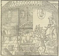 An illustration from Georgii Agricolae De re metallica : libri XII. Quibus officia, instrumenta, machinae, ac omnia deni[que] ad metallicam spectantia, non modo luculentissimè describuntur, sed & per effigies, suis locis infertas, adiunctis latinis, germanicis [que] appellationibus ita ob oculos ponuntur, ut clarius tradi non possint. ; Eiusdem De animantibus subterraneis liber, (1556)