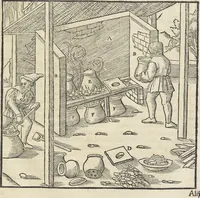 An illustration from Georgii Agricolae De re metallica : libri XII. Quibus officia, instrumenta, machinae, ac omnia deni[que] ad metallicam spectantia, non modo luculentissimè describuntur, sed & per effigies, suis locis infertas, adiunctis latinis, germanicis [que] appellationibus ita ob oculos ponuntur, ut clarius tradi non possint. ; Eiusdem De animantibus subterraneis liber, (1556)