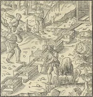 An illustration from Georgii Agricolae De re metallica : libri XII. Quibus officia, instrumenta, machinae, ac omnia deni[que] ad metallicam spectantia, non modo luculentissimè describuntur, sed & per effigies, suis locis infertas, adiunctis latinis, germanicis [que] appellationibus ita ob oculos ponuntur, ut clarius tradi non possint. ; Eiusdem De animantibus subterraneis liber, (1556)