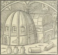 An illustration from Georgii Agricolae De re metallica : libri XII. Quibus officia, instrumenta, machinae, ac omnia deni[que] ad metallicam spectantia, non modo luculentissimè describuntur, sed & per effigies, suis locis infertas, adiunctis latinis, germanicis [que] appellationibus ita ob oculos ponuntur, ut clarius tradi non possint. ; Eiusdem De animantibus subterraneis liber, (1556)