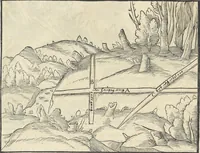 An illustration from Georgii Agricolae De re metallica : libri XII. Quibus officia, instrumenta, machinae, ac omnia deni[que] ad metallicam spectantia, non modo luculentissimè describuntur, sed & per effigies, suis locis infertas, adiunctis latinis, germanicis [que] appellationibus ita ob oculos ponuntur, ut clarius tradi non possint. ; Eiusdem De animantibus subterraneis liber, (1556)