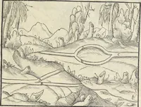 An illustration from Georgii Agricolae De re metallica : libri XII. Quibus officia, instrumenta, machinae, ac omnia deni[que] ad metallicam spectantia, non modo luculentissimè describuntur, sed & per effigies, suis locis infertas, adiunctis latinis, germanicis [que] appellationibus ita ob oculos ponuntur, ut clarius tradi non possint. ; Eiusdem De animantibus subterraneis liber, (1556)
