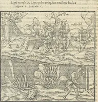 An illustration from Georgii Agricolae De re metallica : libri XII. Quibus officia, instrumenta, machinae, ac omnia deni[que] ad metallicam spectantia, non modo luculentissimè describuntur, sed & per effigies, suis locis infertas, adiunctis latinis, germanicis [que] appellationibus ita ob oculos ponuntur, ut clarius tradi non possint. ; Eiusdem De animantibus subterraneis liber, (1556)