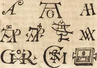 An illustration from Joh. Frieder. Christen, Professoris bey der Universität zu Leipzig, Anzeige und Auslegung der Monogrammatum : einzeln und verzogenen Anfangsbuchstaben der Nahmen, auch anderer Züge und Zeichen, unter welchen berühmte Mahler, Kupferstecher, und andere dergleichen Künstler, aus ihren Wercken sich verborgen haben : alles aus gutem Grunde und aus den ersten Wercken selbst, ietzt von neuem genommen (1747)