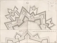 An illustration from Architectura militaris nova et aucta, oder, Newe vermehrte Fortification von regular Vestungen, von irregular Vestungen vnd Aussen wercken, von Praxi offensiva vnd defensiva : auff die neweste Niederländische Praxin gerichtet vnd beschrieben (1665)