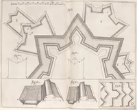 An illustration from Architectura militaris nova et aucta, oder, Newe vermehrte Fortification von regular Vestungen, von irregular Vestungen vnd Aussen wercken, von Praxi offensiva vnd defensiva : auff die neweste Niederländische Praxin gerichtet vnd beschrieben (1665)
