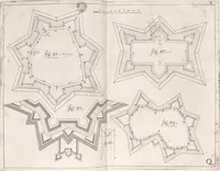 An illustration from Architectura militaris nova et aucta, oder, Newe vermehrte Fortification von regular Vestungen, von irregular Vestungen vnd Aussen wercken, von Praxi offensiva vnd defensiva : auff die neweste Niederländische Praxin gerichtet vnd beschrieben (1665)