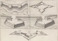 An illustration from Architectura militaris nova et aucta, oder, Newe vermehrte Fortification von regular Vestungen, von irregular Vestungen vnd Aussen wercken, von Praxi offensiva vnd defensiva : auff die neweste Niederländische Praxin gerichtet vnd beschrieben (1665)