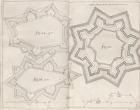 An illustration from Architectura militaris nova et aucta, oder, Newe vermehrte Fortification von regular Vestungen, von irregular Vestungen vnd Aussen wercken, von Praxi offensiva vnd defensiva : auff die neweste Niederländische Praxin gerichtet vnd beschrieben (1665)